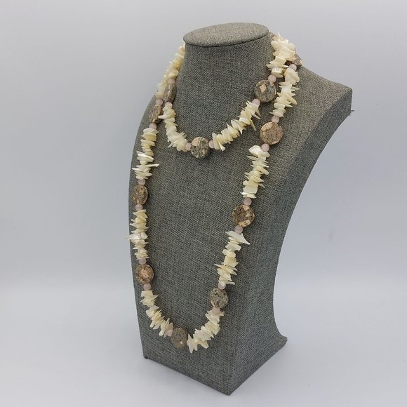 Necklace White Mother of Pearl Pink Cat Eye Granite Disc Puka look 36" Single St - Picture 2 of 8